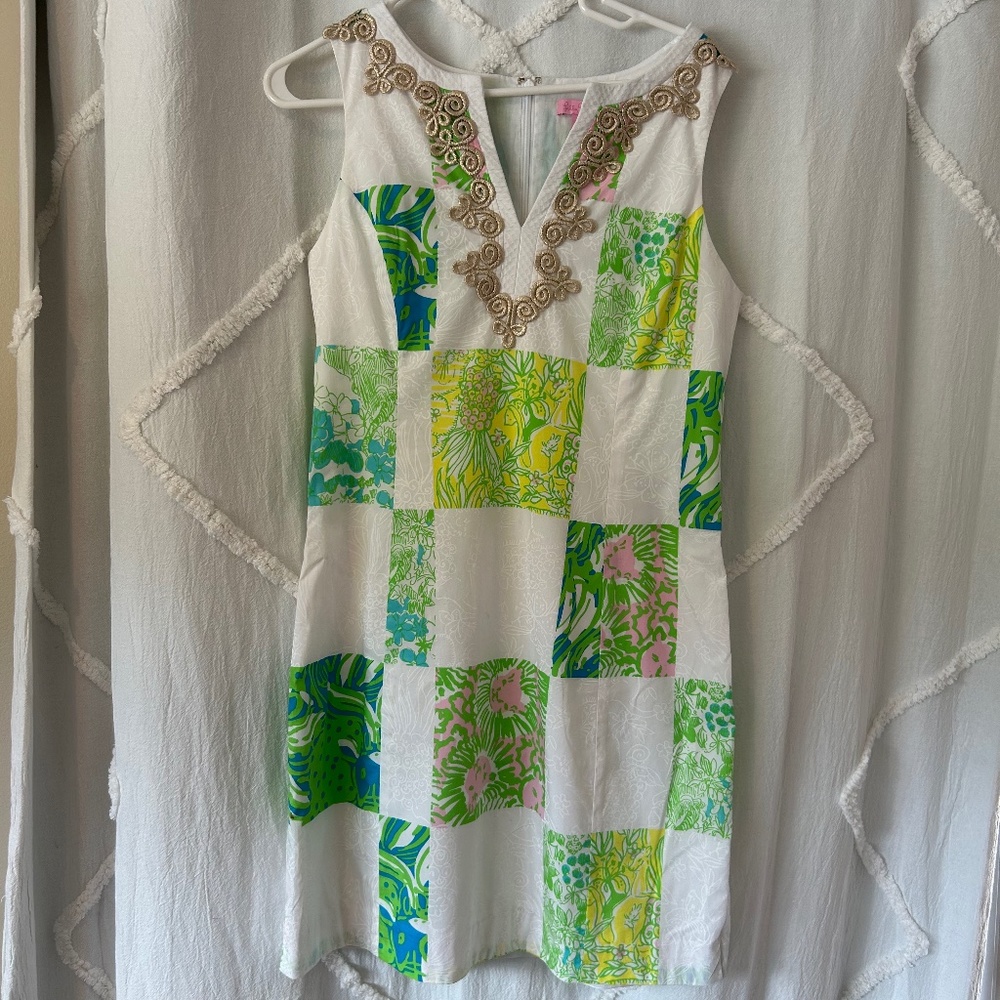Lily Pulitzer classic shift dress size 8. White with patchwork and gold braid tr